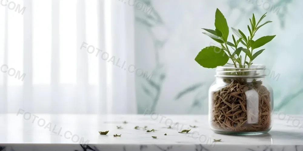 A Glass Jar Filled With Dried Herbs With Green Leaves In The Foreground On A Marble Surface Against A Blurred Background 26 A4d0
