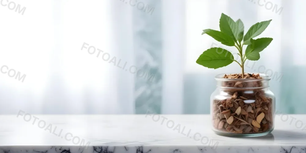 A Glass Jar Filled With Dried Herbs With Green Leaves In The Foreground On A Marble Surface Against A Blurred Background 29 248c