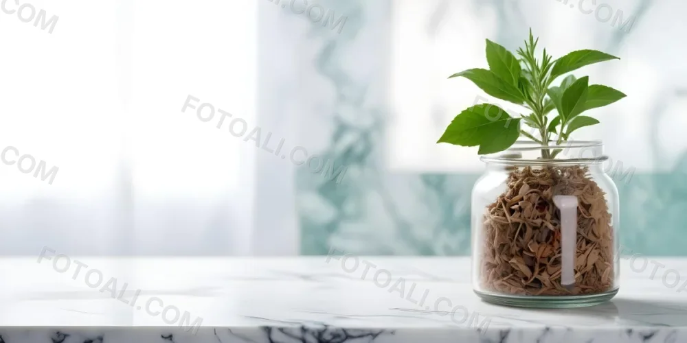 A Glass Jar Filled With Dried Herbs With Green Leaves In The Foreground On A Marble Surface Against A Blurred Background 32 Dfca