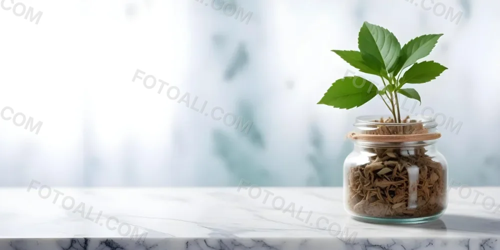 A Glass Jar Filled With Dried Herbs With Green Leaves In The Foreground On A Marble Surface Against A Blurred Background 38 920a
