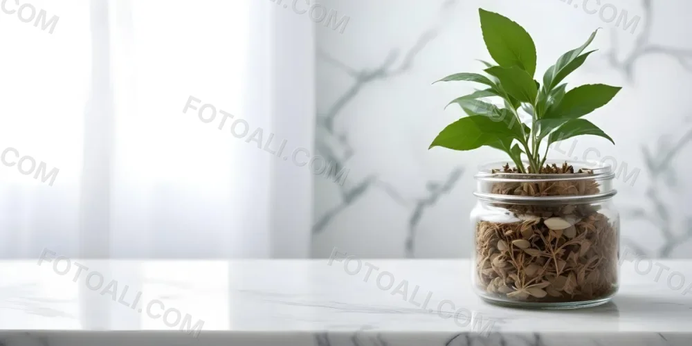 A Glass Jar Filled With Dried Herbs With Green Leaves In The Foreground On A Marble Surface Against A Blurred Background 45 Caa3