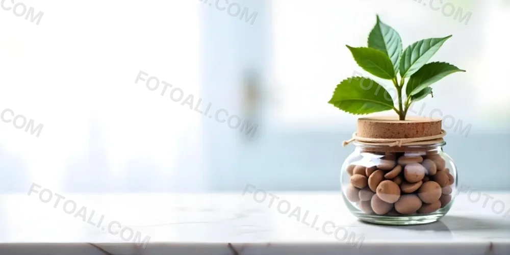 A Glass Jar Filled With Dried Herbs With Green Leaves In The Foreground On A Marble Surface Against A Blurred Background 67 70e2