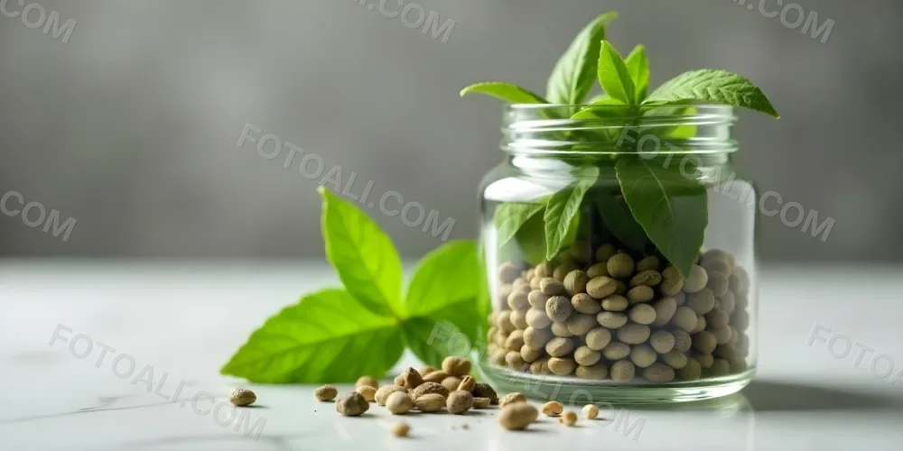 A Glass Jar Filled With Dried Herbs With Green Leaves In The Foreground On A Marble Surface Against A Blurred Background 70 29be
