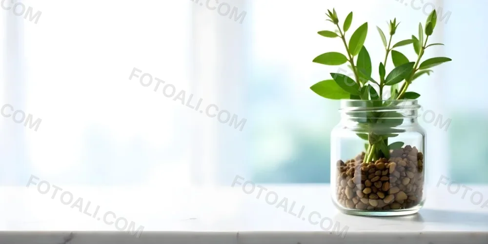 A Glass Jar Filled With Dried Herbs With Green Leaves In The Foreground On A Marble Surface Against A Blurred Background 76 C32d
