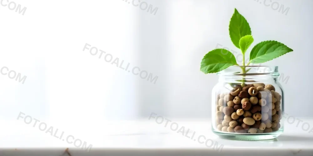 A Glass Jar Filled With Dried Herbs With Green Leaves In The Foreground On A Marble Surface Against A Blurred Background 81 9454