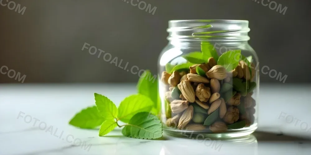 A Glass Jar Filled With Dried Herbs With Green Leaves In The Foreground On A Marble Surface Against A Blurred Background 82 6599