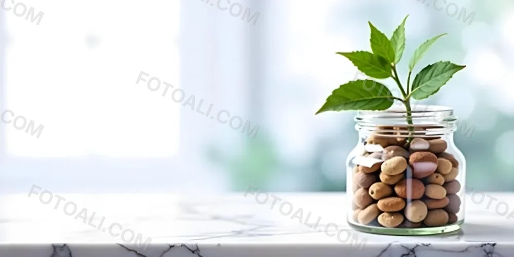 A Glass Jar Filled With Dried Herbs With Green Leaves In The Foreground On A Marble Surface Against A Blurred Background 83 71a5