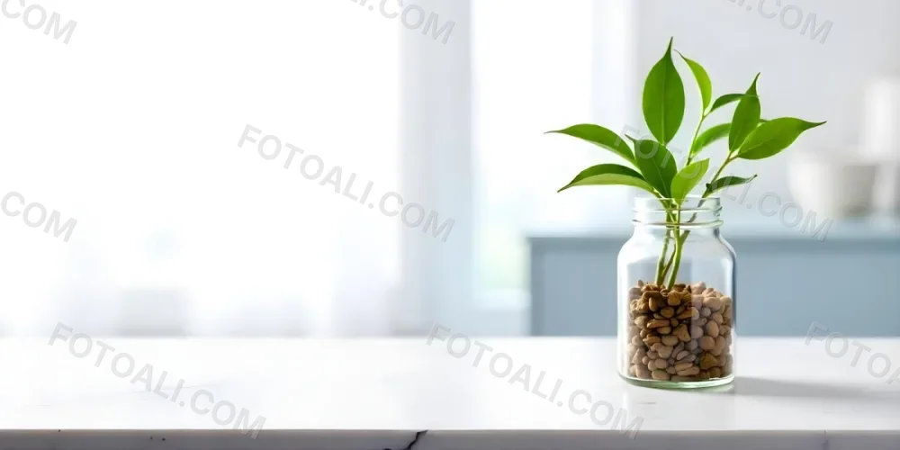 A Glass Jar Filled With Dried Herbs With Green Leaves In The Foreground On A Marble Surface Against A Blurred Background 86 Fa07