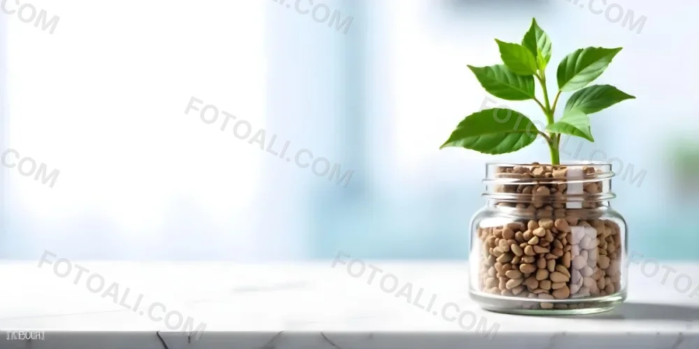 A Glass Jar Filled With Dried Herbs With Green Leaves In The Foreground On A Marble Surface Against A Blurred Background 87 1662
