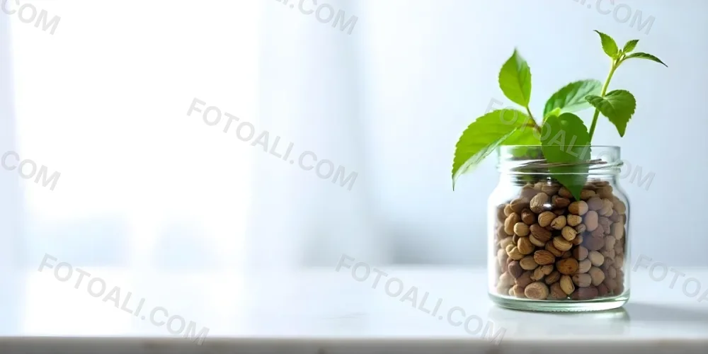 A Glass Jar Filled With Dried Herbs With Green Leaves In The Foreground On A Marble Surface Against A Blurred Background 89 96f1