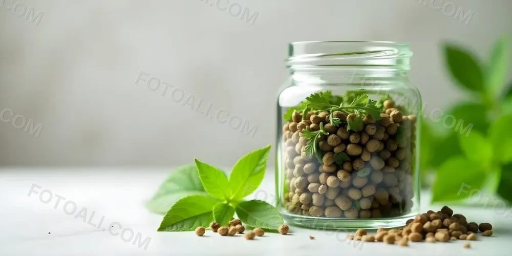 A Glass Jar Filled With Dried Herbs With Green Leaves In The Foreground On A Marble Surface Against A Blurred Background 9 6cea