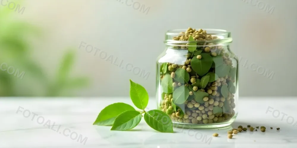 A Glass Jar Filled With Dried Herbs With Green Leaves In The Foreground On A Marble Surface Against A Blurred Background 90 Ea7d