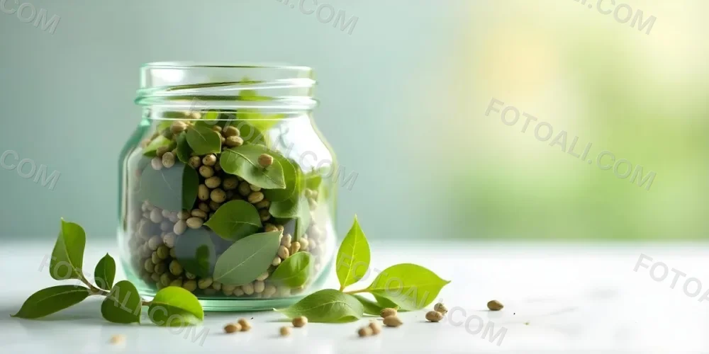 A Glass Jar Filled With Dried Herbs With Green Leaves In The Foreground On A Marble Surface Against A Blurred Background 91 D860