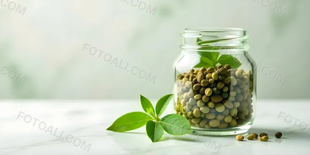 A Glass Jar Filled With Dried Herbs With Green Leaves In The Foreground On A Marble Surface Against A Blurred Background 92 7a1a