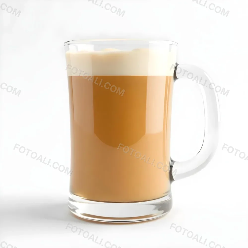 A Glass Mug Filled With A Creamy Brown Liquid Possibly Tea Or Coffee With Milk On A Plain White Background 1 58c6