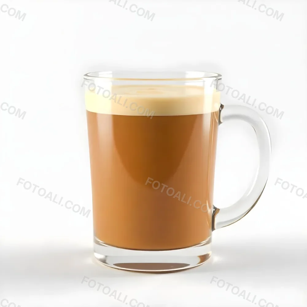 A Glass Mug Filled With A Creamy Brown Liquid Possibly Tea Or Coffee With Milk On A Plain White Background 11 317b