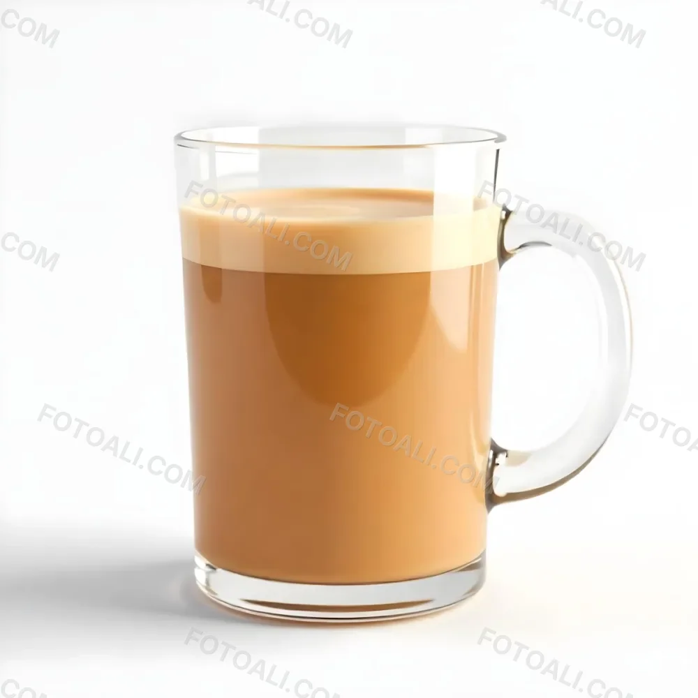 A Glass Mug Filled With A Creamy Brown Liquid Possibly Tea Or Coffee With Milk On A Plain White Background 19 334f