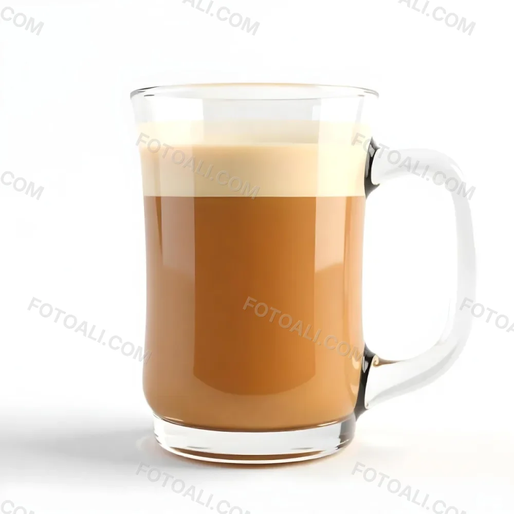 A Glass Mug Filled With A Creamy Brown Liquid Possibly Tea Or Coffee With Milk On A Plain White Background 25 C35f