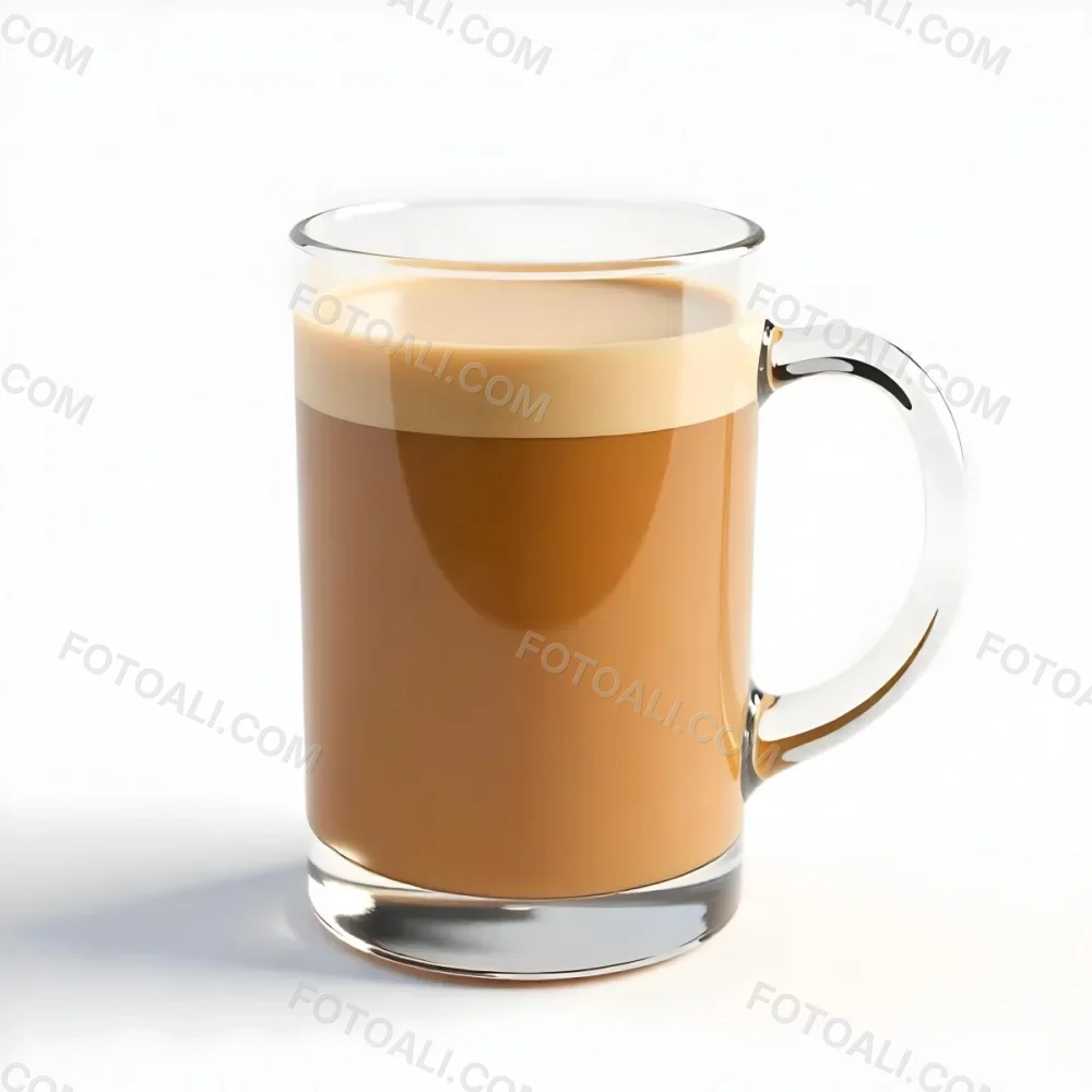 A Glass Mug Filled With A Creamy Brown Liquid Possibly Tea Or Coffee With Milk On A Plain White Background 28 9e01