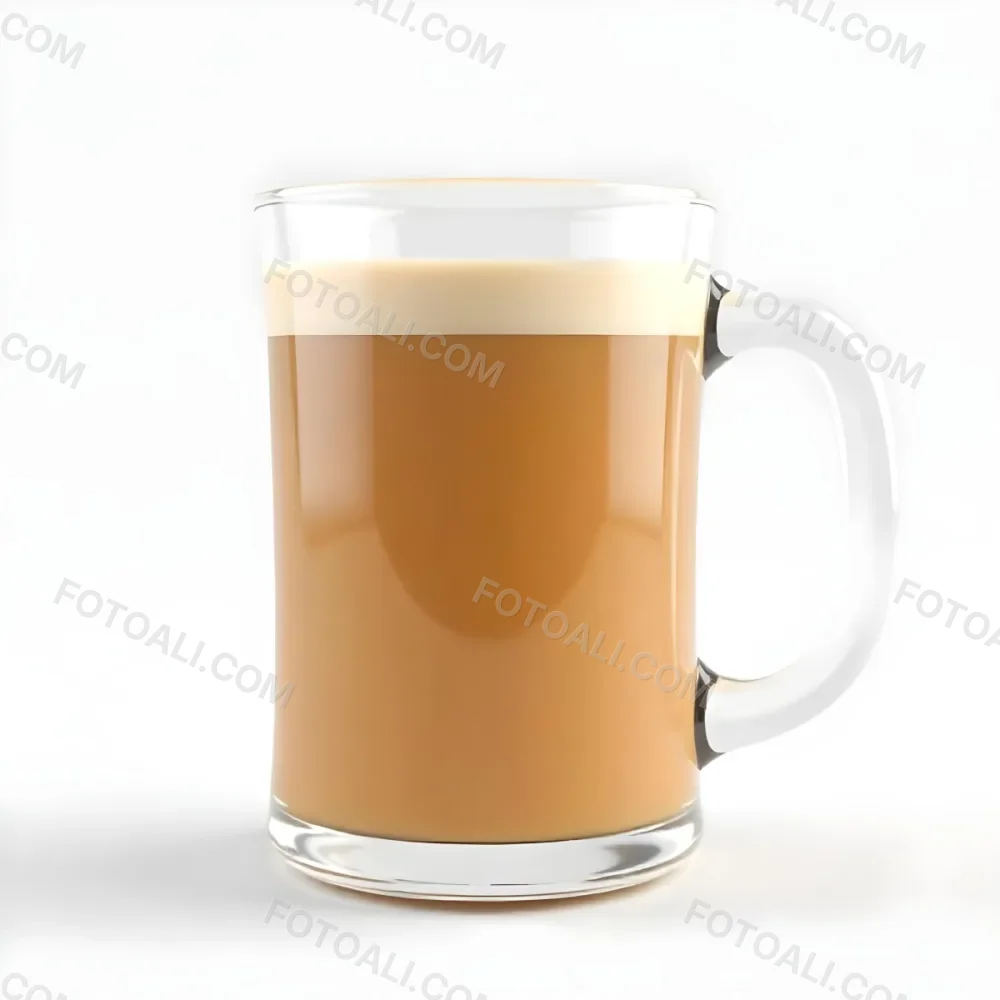 A Glass Mug Filled With A Creamy Brown Liquid Possibly Tea Or Coffee With Milk On A Plain White Background 29 C72b