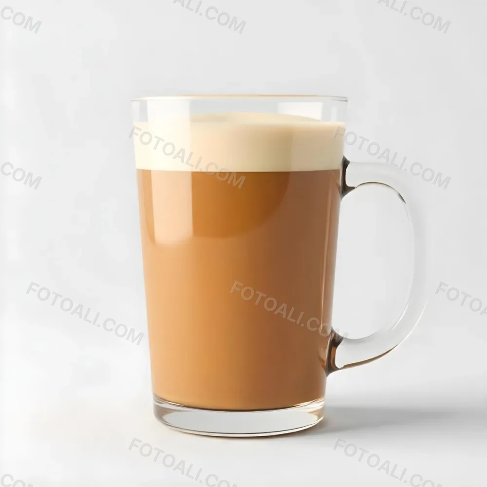 A Glass Mug Filled With A Creamy Brown Liquid Possibly Tea Or Coffee With Milk On A Plain White Background 3 2d05