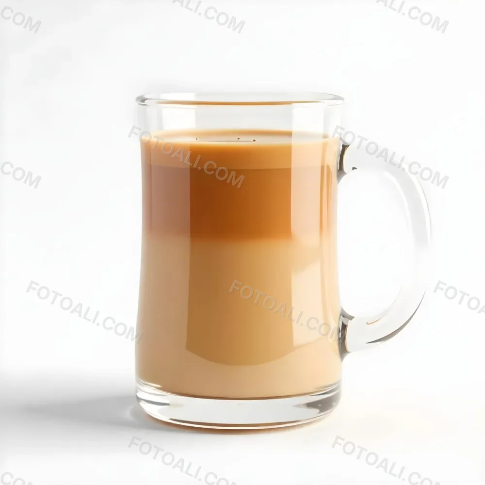 A Glass Mug Filled With A Creamy Brown Liquid Possibly Tea Or Coffee With Milk On A Plain White Background 30 88d5