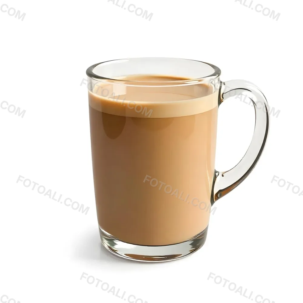 A Glass Mug Filled With A Creamy Brown Liquid Possibly Tea Or Coffee With Milk On A Plain White Background 32 3a68