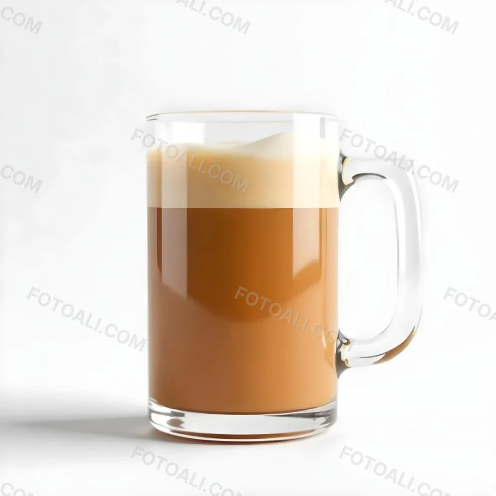 A Glass Mug Filled With A Creamy Brown Liquid Possibly Tea Or Coffee With Milk On A Plain White Background 33 9241