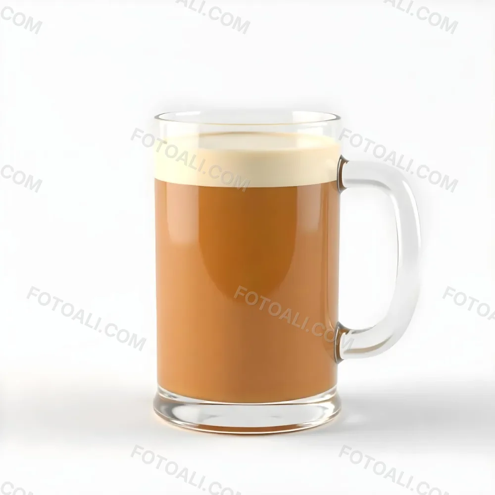 A Glass Mug Filled With A Creamy Brown Liquid Possibly Tea Or Coffee With Milk On A Plain White Background 5 3dc7
