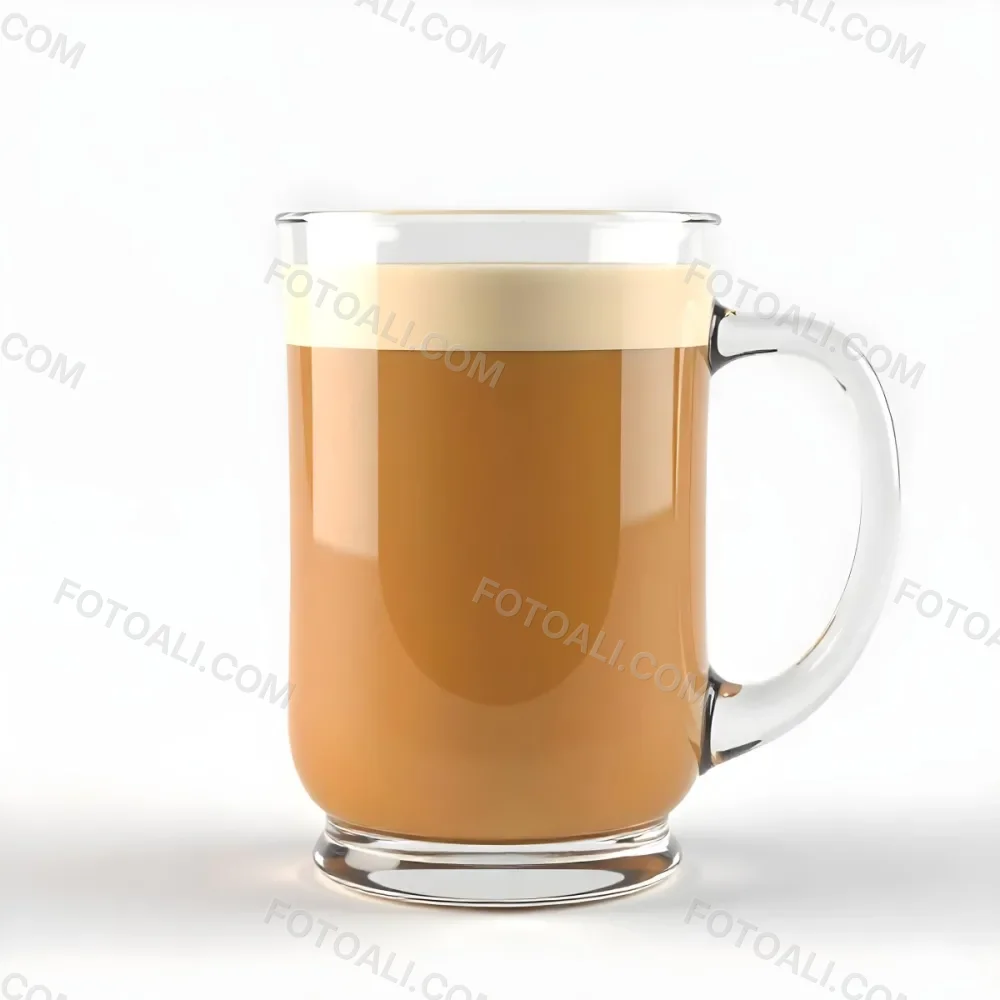 A Glass Mug Filled With A Creamy Brown Liquid Possibly Tea Or Coffee With Milk On A Plain White Background 6 680f