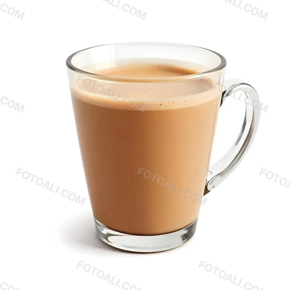 A Glass Mug Filled With A Creamy Brown Liquid Possibly Tea Or Coffee With Milk On A Plain White Background 8 D5a7