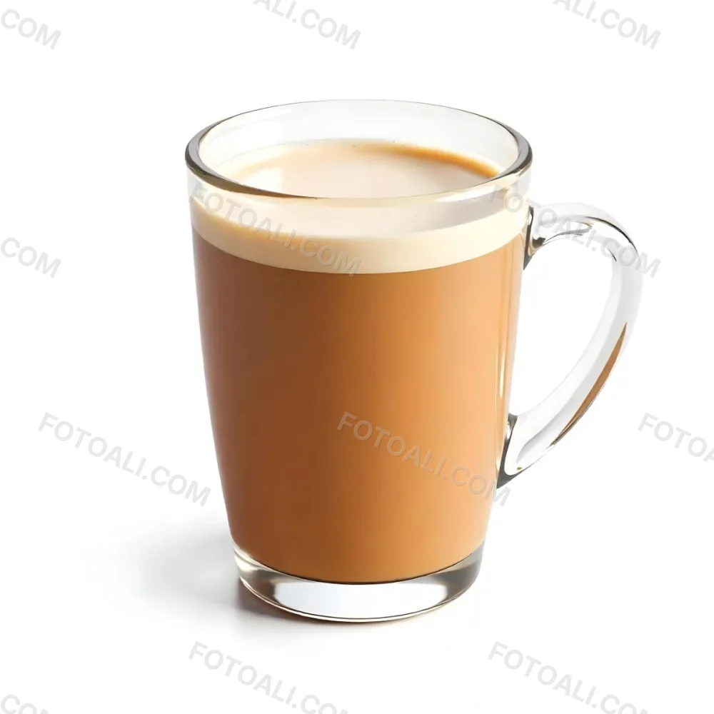 A Glass Mug Filled With A Creamy Brown Liquid Possibly Tea Or Coffee With Milk On A Plain White Background 9 Fc3f