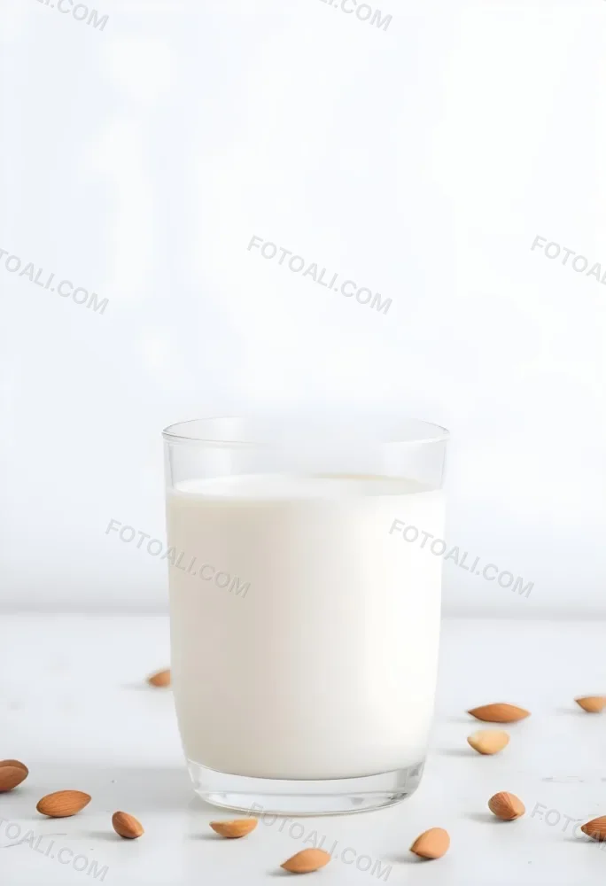 A Glass Of Creamy Almond Milk On A White Background With Some Almonds Scattered Around 1 Ced3