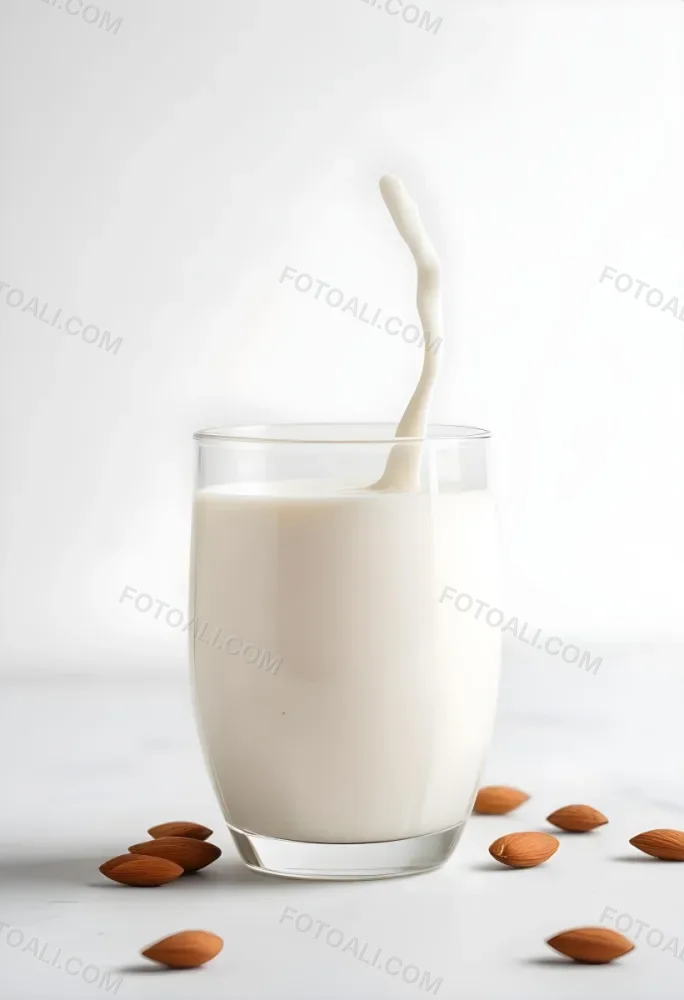 A Glass Of Creamy Almond Milk On A White Background With Some Almonds Scattered Around 2 972b