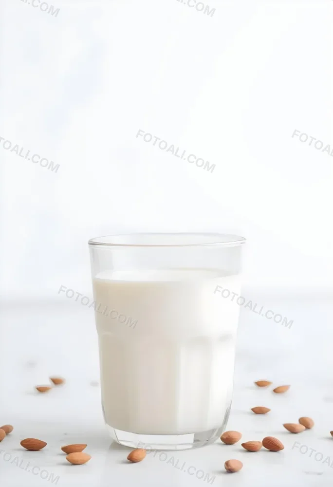 A Glass Of Creamy Almond Milk On A White Background With Some Almonds Scattered Around 3 257f
