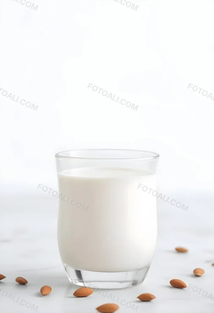 A Glass Of Creamy Almond Milk On A White Background With Some Almonds Scattered Around 4 4e4d