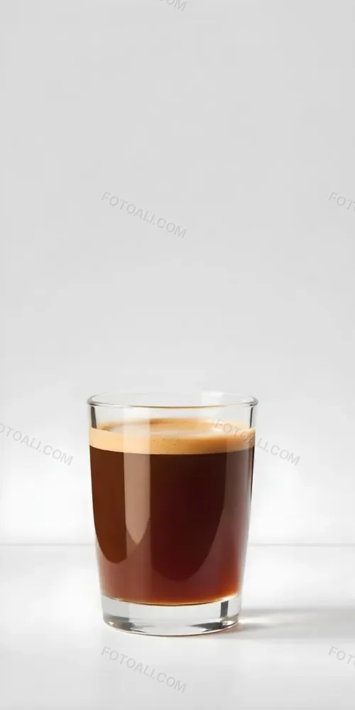 A Glass Of Dark Coffee With A Layer Of Light Brown Foam On Top Against A Plain White Background 14 C646