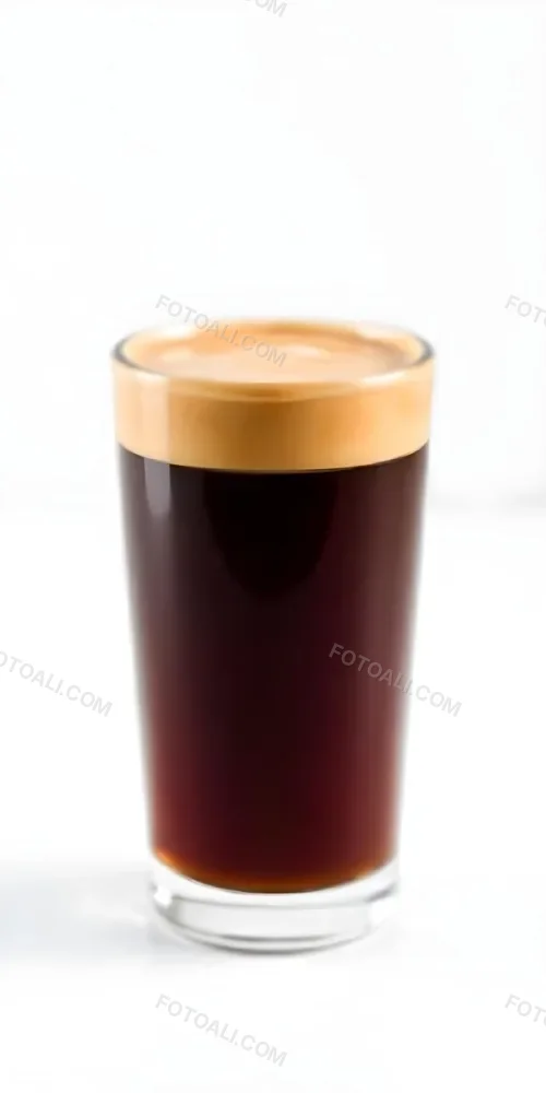 A Glass Of Dark Coffee With A Layer Of Light Brown Foam On Top Against A Plain White Background 29 F551