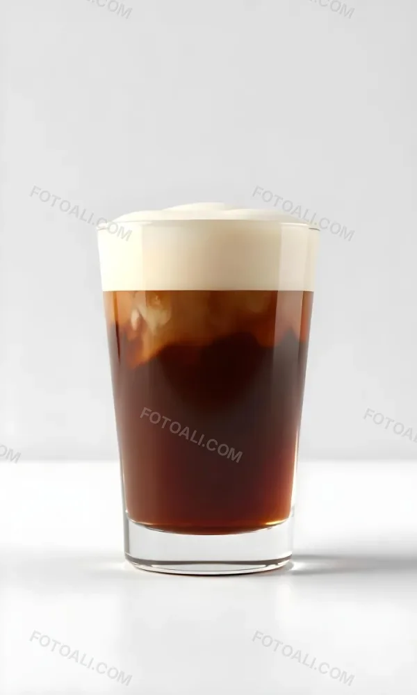 A Glass Of Dark Coffee With A Layer Of Light Brown Foam On Top Against A Plain White Background 4 4879