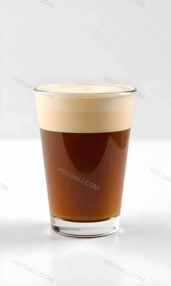 A Glass Of Dark Coffee With A Layer Of Light Brown Foam On Top Against A Plain White Background 8 D21e