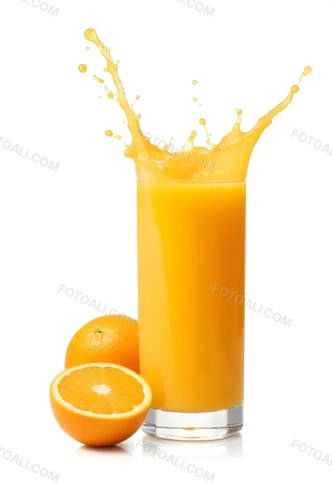 A Glass Of Freshly Squeezed Orange Juice With Splashing Liquid And Orange Slices In The Background 2 F1e1
