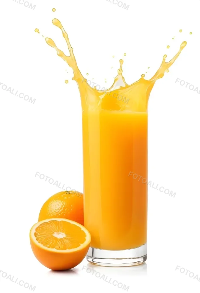 A Glass Of Freshly Squeezed Orange Juice With Splashing Liquid And Orange Slices In The Background 9 0f23