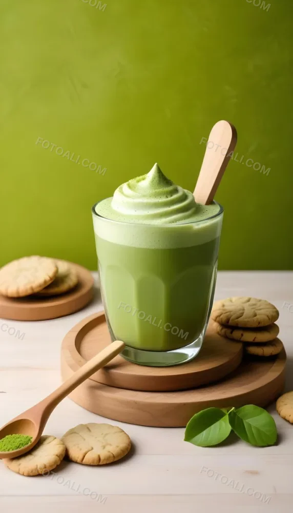A Glass Of Matcha Latte With A Wooden Spoon On A Wooden Coaster With A Green Background And Some Cookies 1 4611