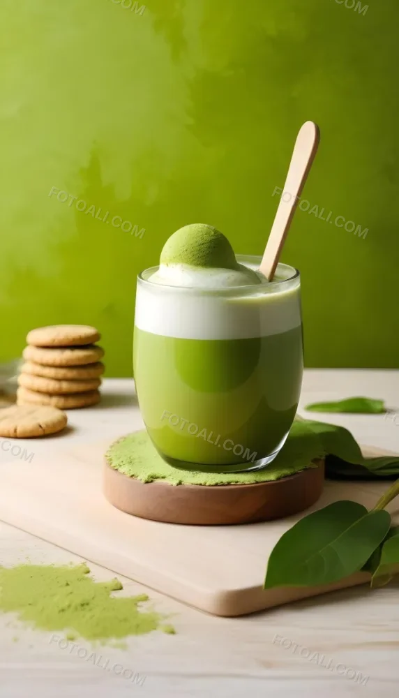 A Glass Of Matcha Latte With A Wooden Spoon On A Wooden Coaster With A Green Background And Some Cookies 12 8470