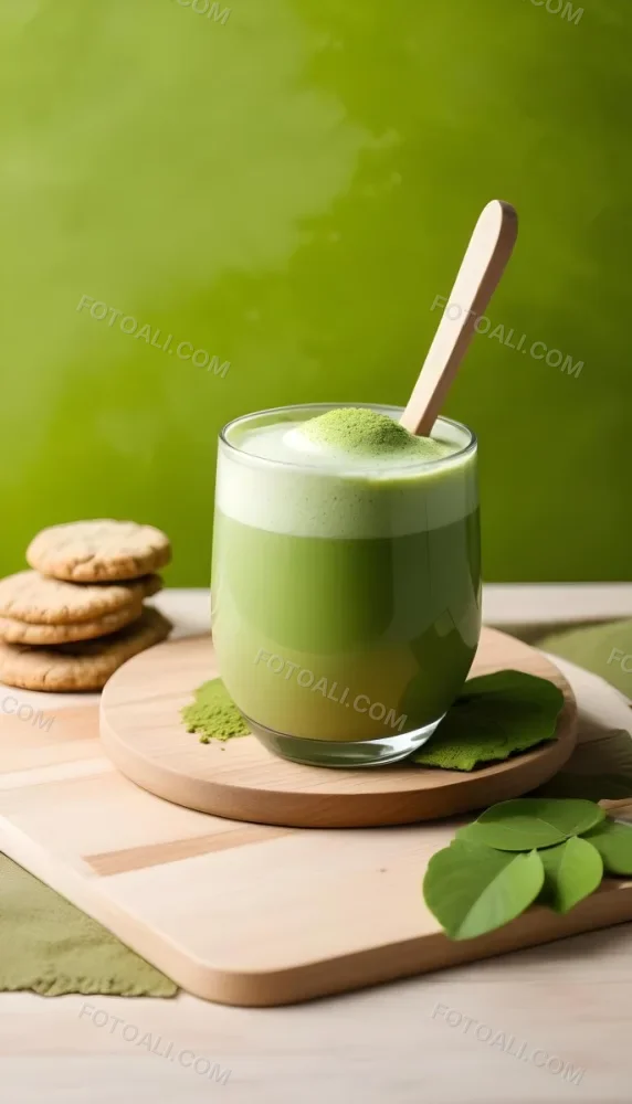 A Glass Of Matcha Latte With A Wooden Spoon On A Wooden Coaster With A Green Background And Some Cookies 18 87ef