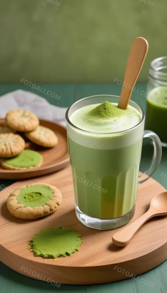 A Glass Of Matcha Latte With A Wooden Spoon On A Wooden Coaster With A Green Background And Some Cookies 19 B31f