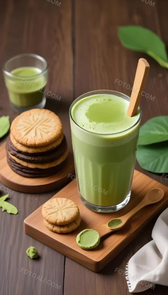 A Glass Of Matcha Latte With A Wooden Spoon On A Wooden Coaster With A Green Background And Some Cookies 20 34b4