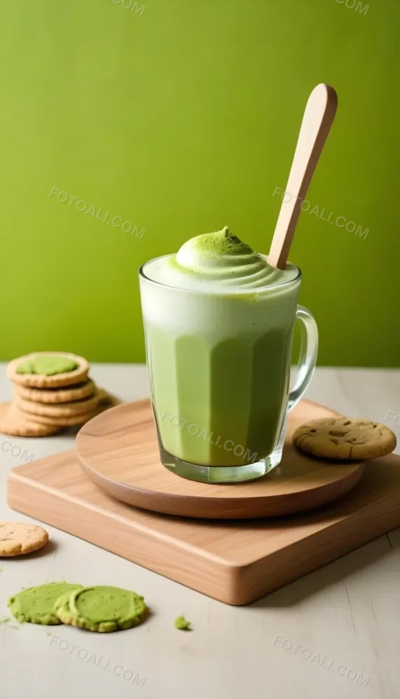 A Glass Of Matcha Latte With A Wooden Spoon On A Wooden Coaster With A Green Background And Some Cookies 21 D3e2