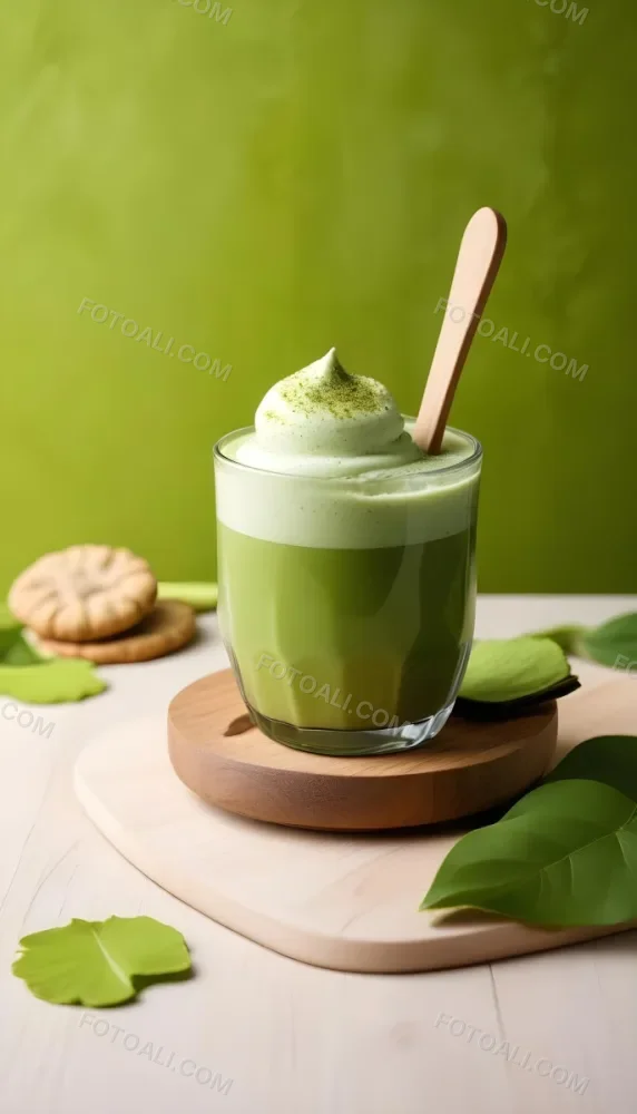 A Glass Of Matcha Latte With A Wooden Spoon On A Wooden Coaster With A Green Background And Some Cookies 22 B7cc