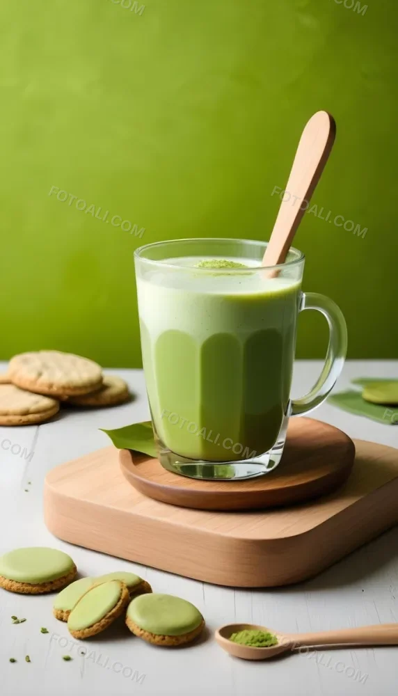 A Glass Of Matcha Latte With A Wooden Spoon On A Wooden Coaster With A Green Background And Some Cookies 23 1964
